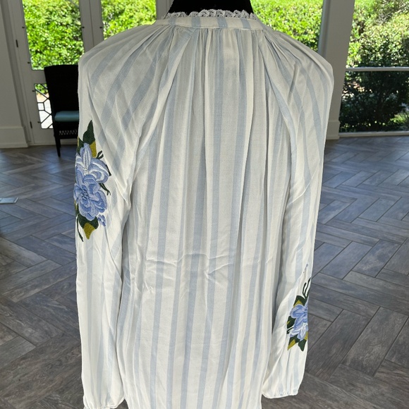 Anthropologie Carolina Blue+White Striped Blouse with Embroidered Flowers, Sz S - Picture 5 of 9